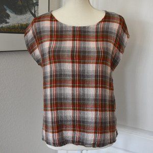 Coldwater Creek Women's Copper Olive Gray Plaid Cap Sleeve Tee S